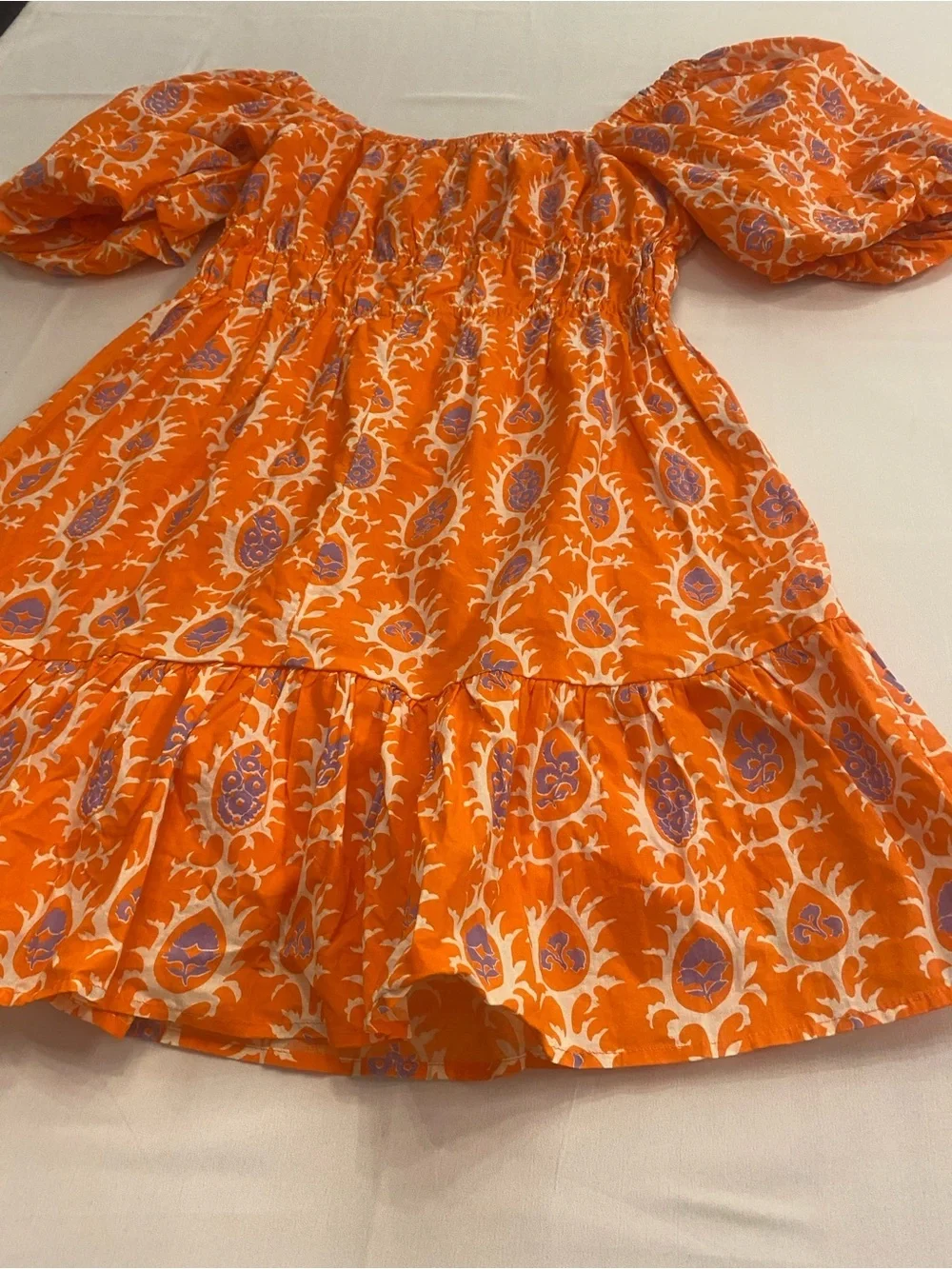 Petal & Pup Orange Printed Square-Neck Puff-Sleeve Carmen Mini Dress New size 8